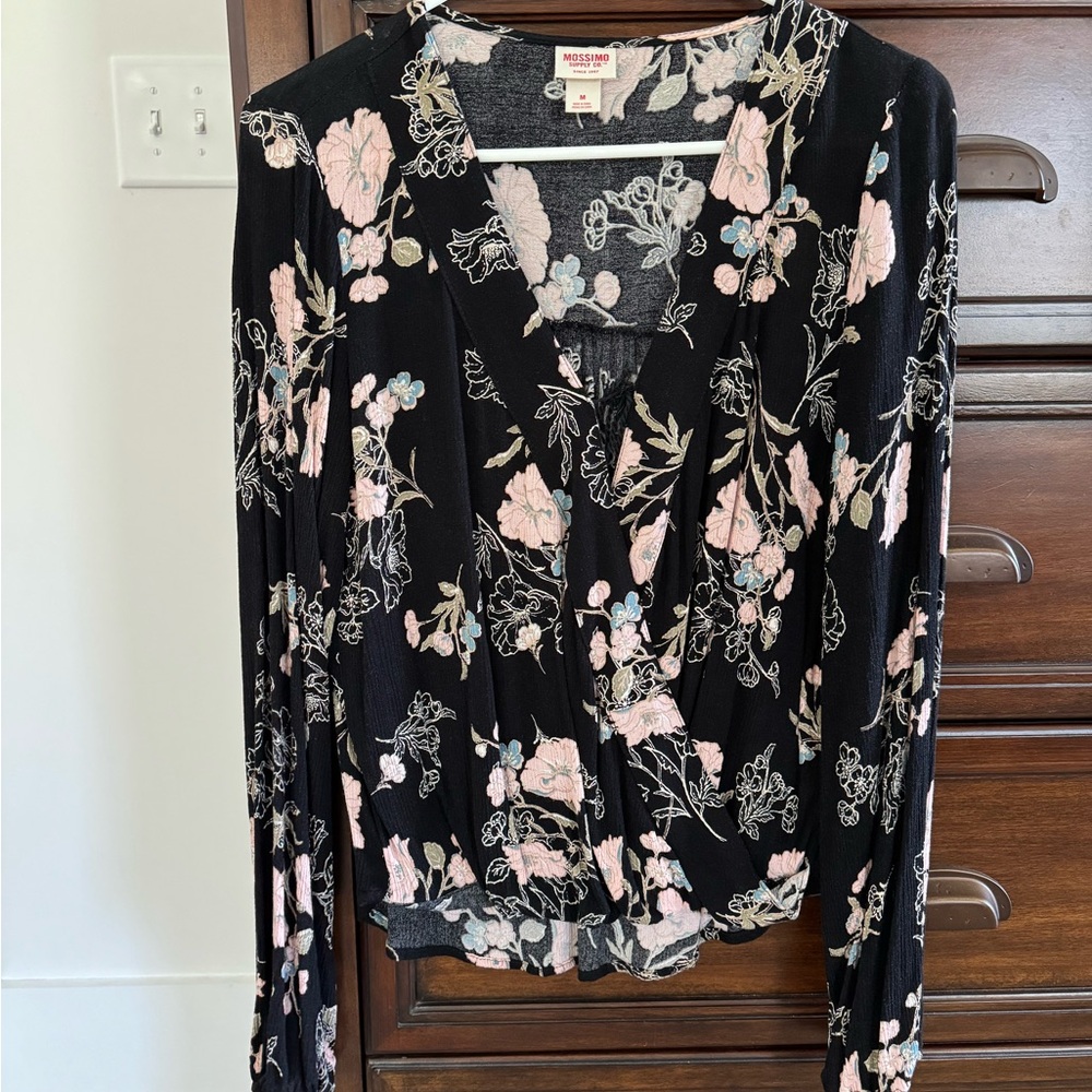 Mossimo Supply Co. Black Floral Wrap Blouse with Pink Accents